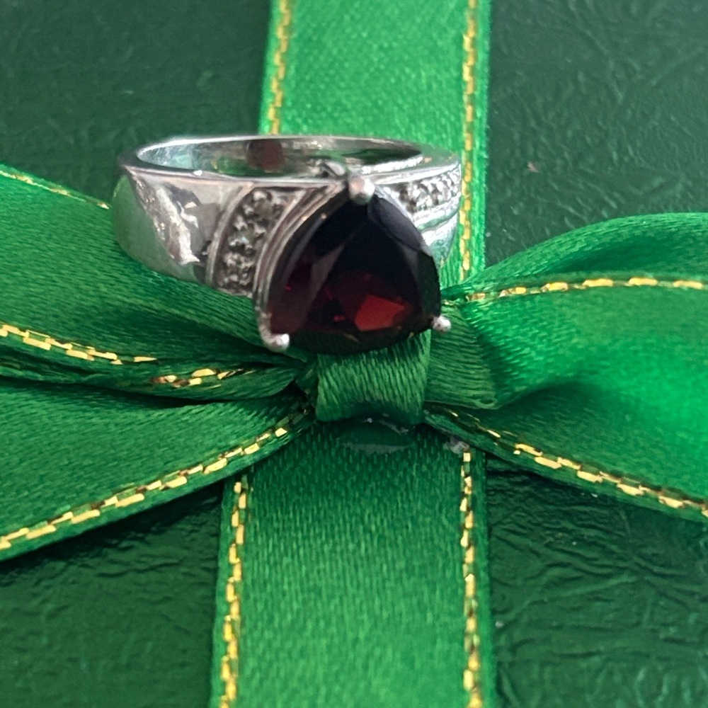Vintage Sterling Silver Garnet Trillion Cut Ring – Statement Cocktail Style